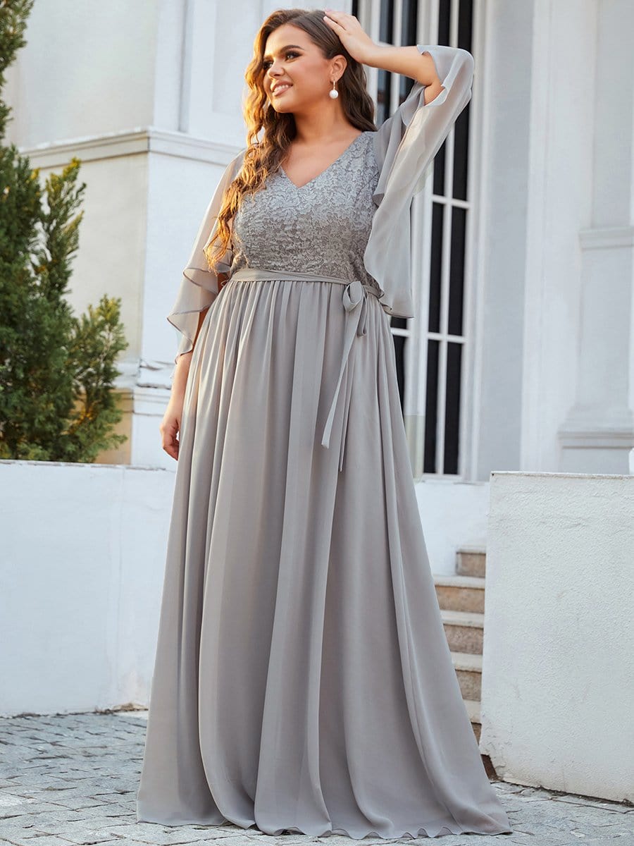 Custom Size Deep V Neck Lace Bodice Long Flowy Evening Dress #color_Grey 