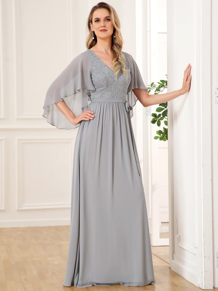 Deep V Neck Lace Bodice Long Flowy Evening Dress #color_Grey