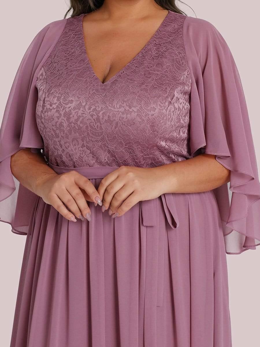 Custom Size Deep V Neck Lace Bodice Long Flowy Evening Dress #color_Purple Orchid 