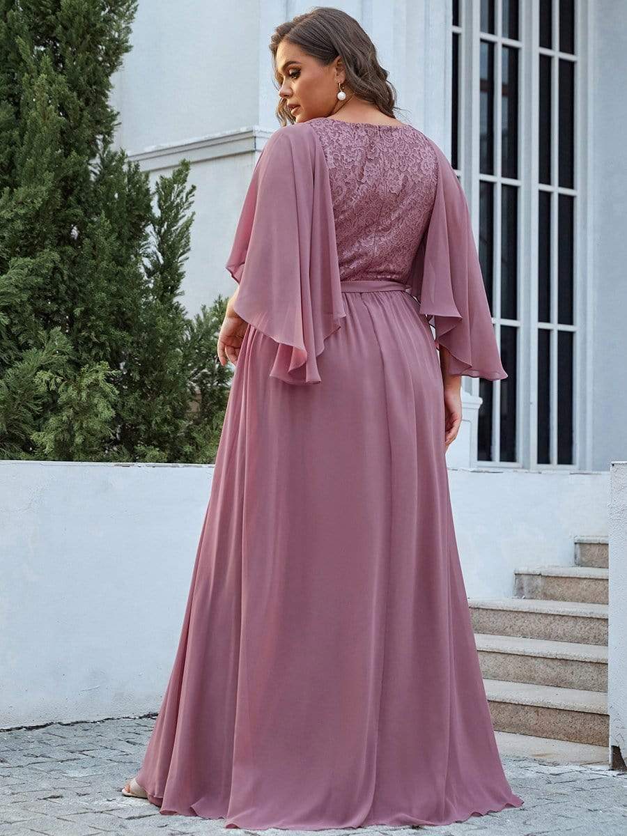 Custom Size Deep V Neck Lace Bodice Long Flowy Evening Dress #color_Purple Orchid 