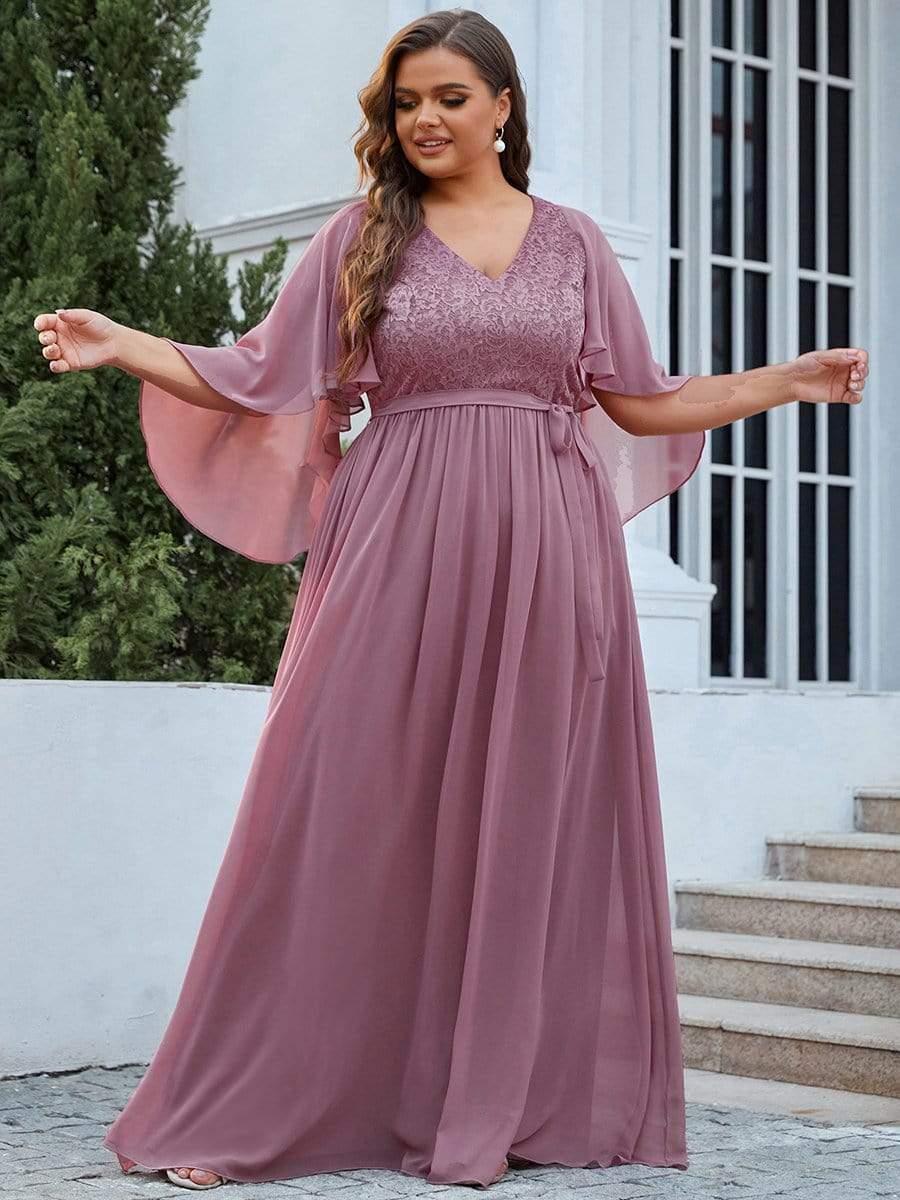 Custom Size Deep V Neck Lace Bodice Long Flowy Evening Dress #color_Purple Orchid 