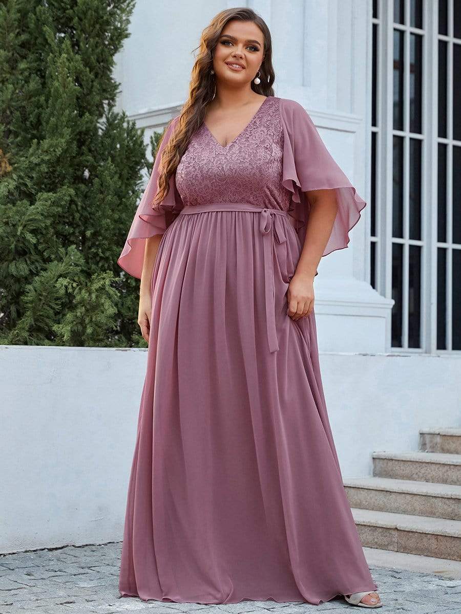 Custom Size Deep V Neck Lace Bodice Long Flowy Evening Dress #color_Purple Orchid 