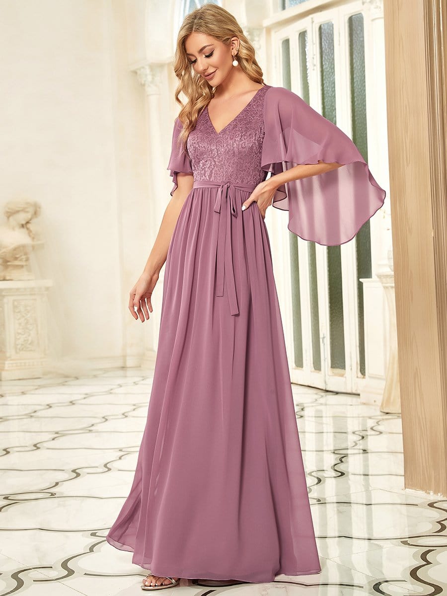 Deep V Neck Lace Bodice Long Flowy Evening Dress #color_Purple Orchid 