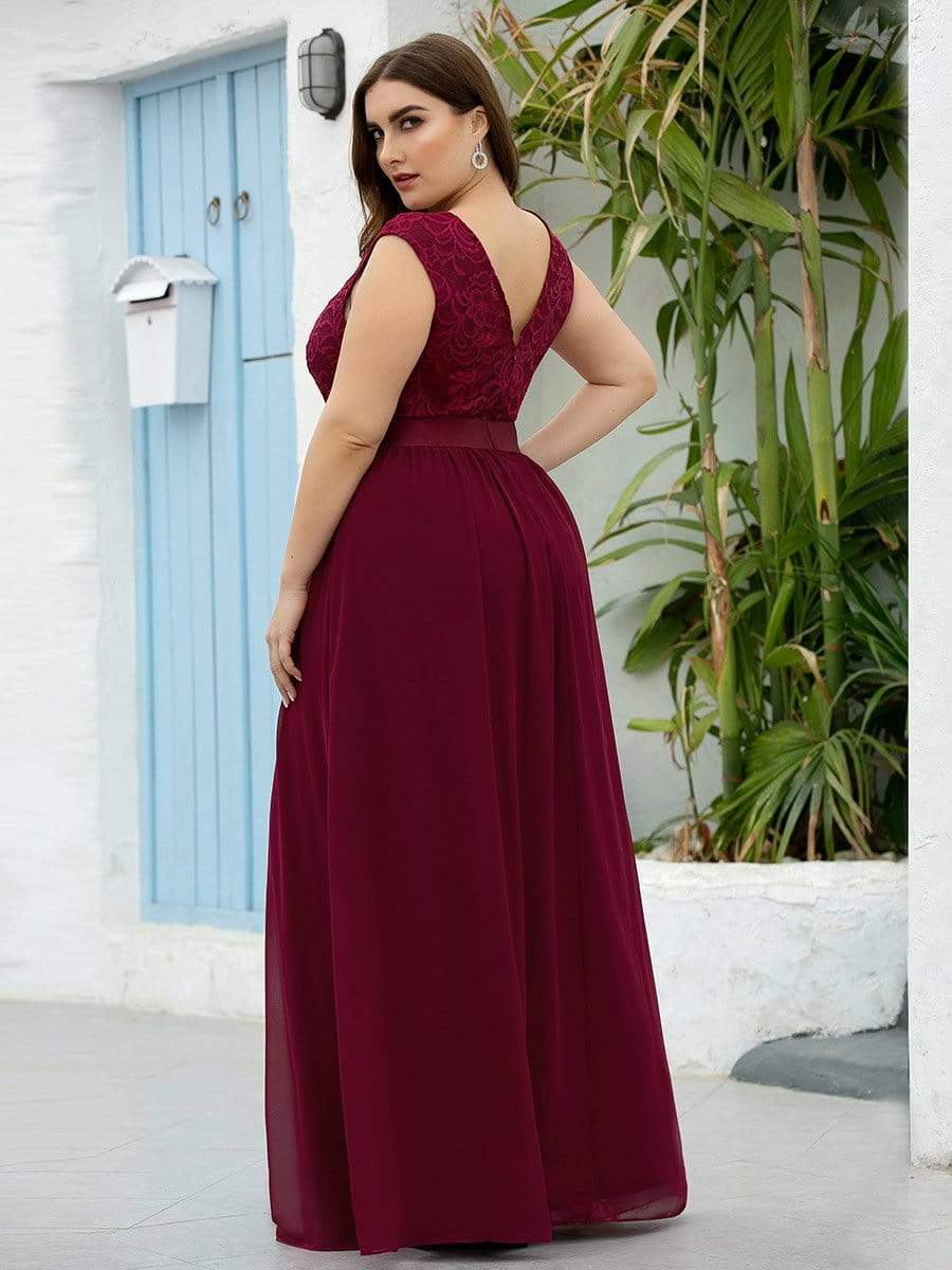 Classic Round Neck V Back Lace Bodice Bridesmaid Dress #color_Burgundy 