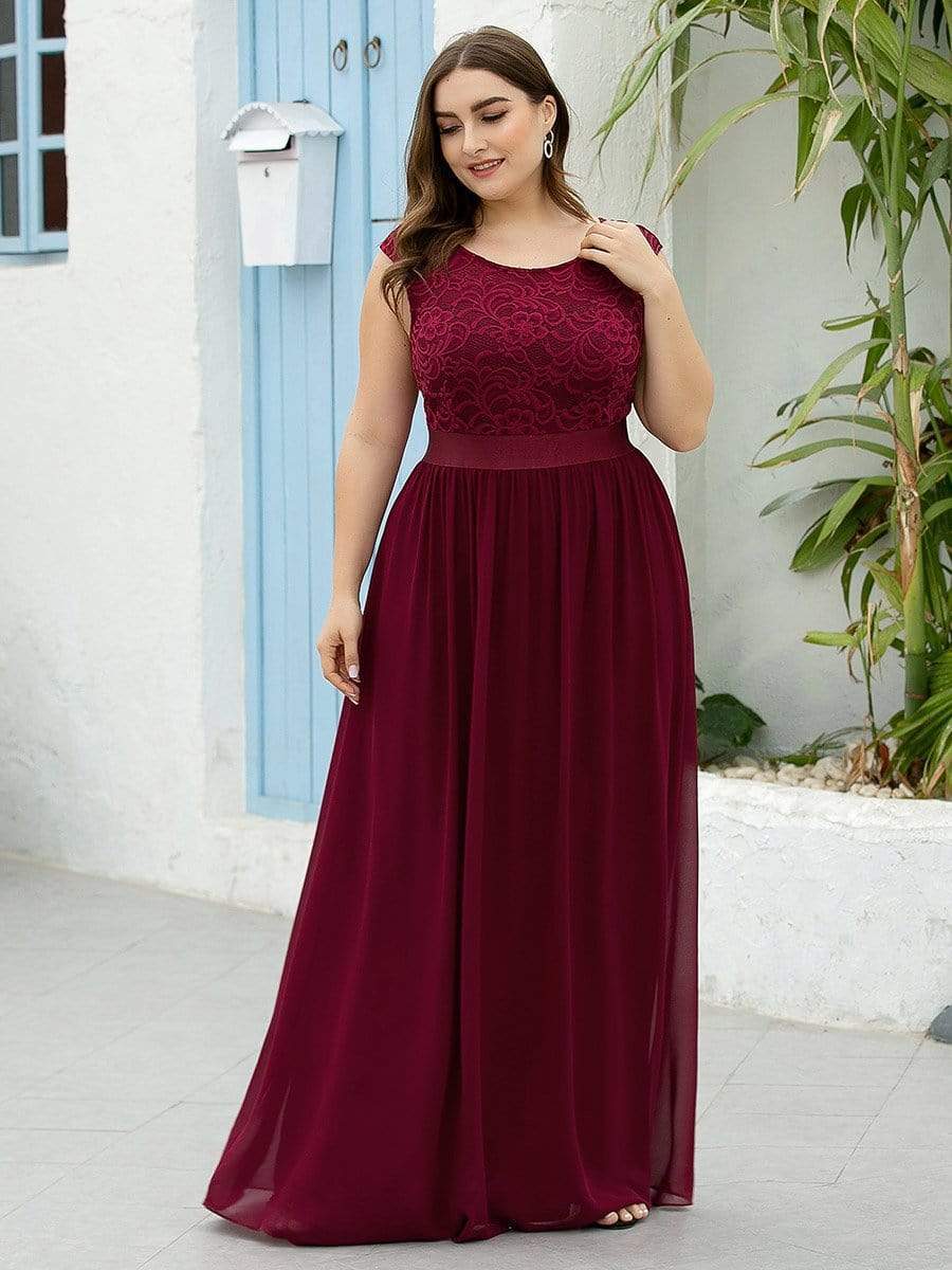 Plus Size Classic Round Neck V Back A-Line Chiffon Bridesmaid Dresses with Lace #color_Burgundy 