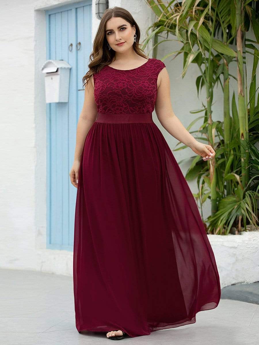 Plus Size Classic Round Neck V Back A-Line Chiffon Bridesmaid Dresses with Lace #color_Burgundy 