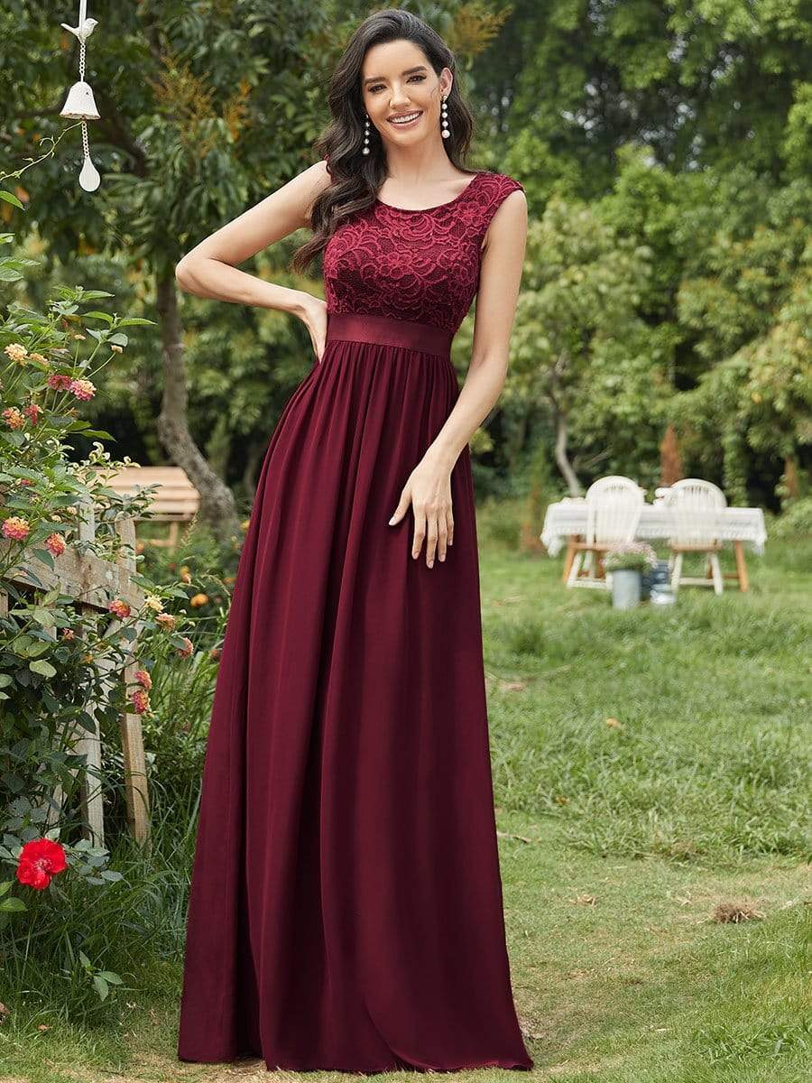 Classic Round Neck V Back Lace Bodice Bridesmaid Dress #color_Burgundy 