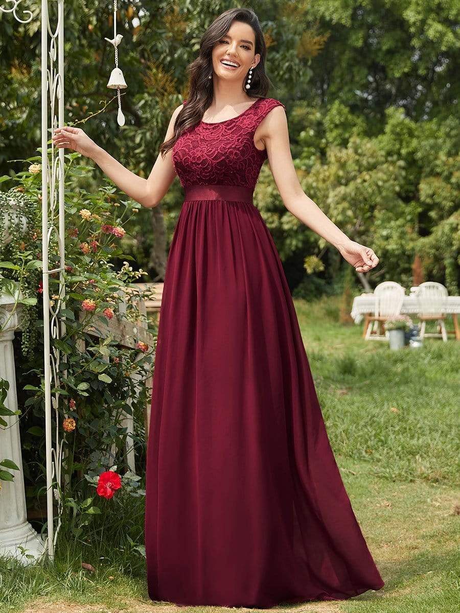 Classic Round Neck V Back Lace Bodice Bridesmaid Dress #color_Burgundy 