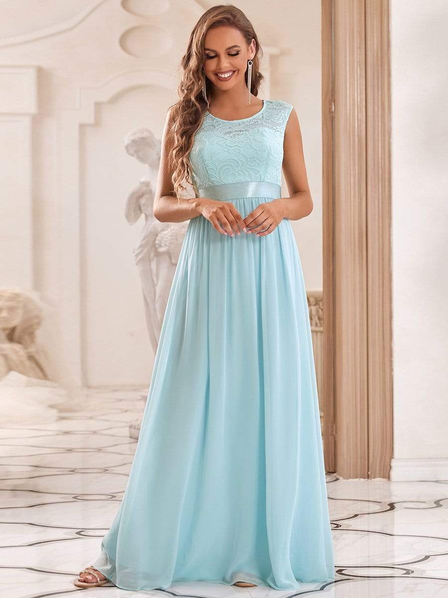 Classic Round Neck V Back Lace Bodice Bridesmaid Dress #color_Sky Blue 