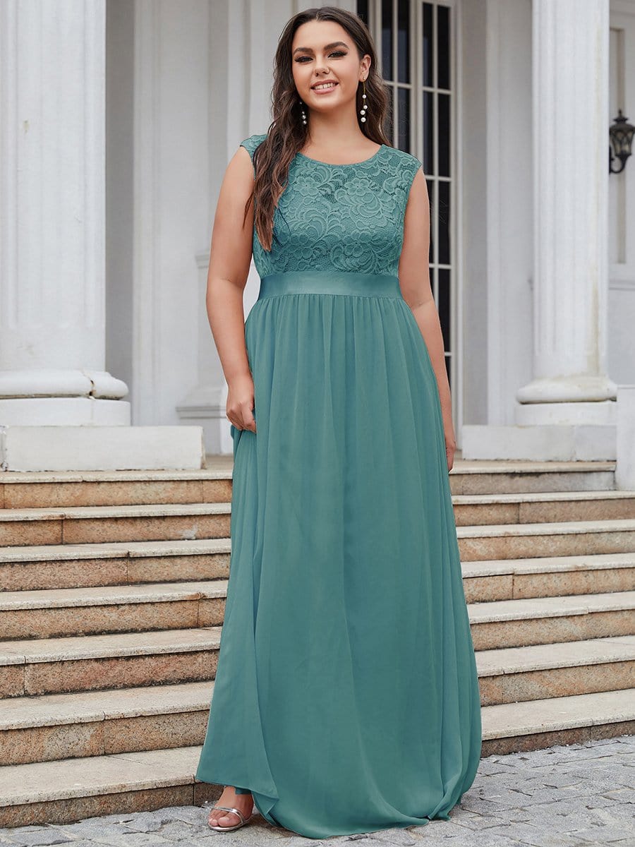 Plus Size Classic Round Neck V Back A-Line Chiffon Bridesmaid Dresses with Lace #color_Light Teal 