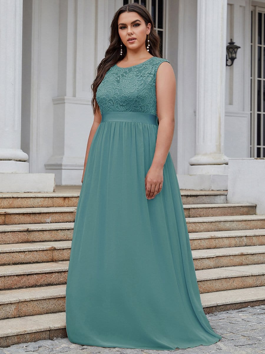 Plus Size Classic Round Neck V Back A-Line Chiffon Bridesmaid Dresses with Lace #color_Light Teal 