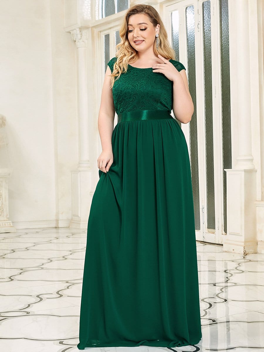 Plus Size Classic Round Neck V Back A-Line Chiffon Bridesmaid Dresses with Lace #color_Dark Green 