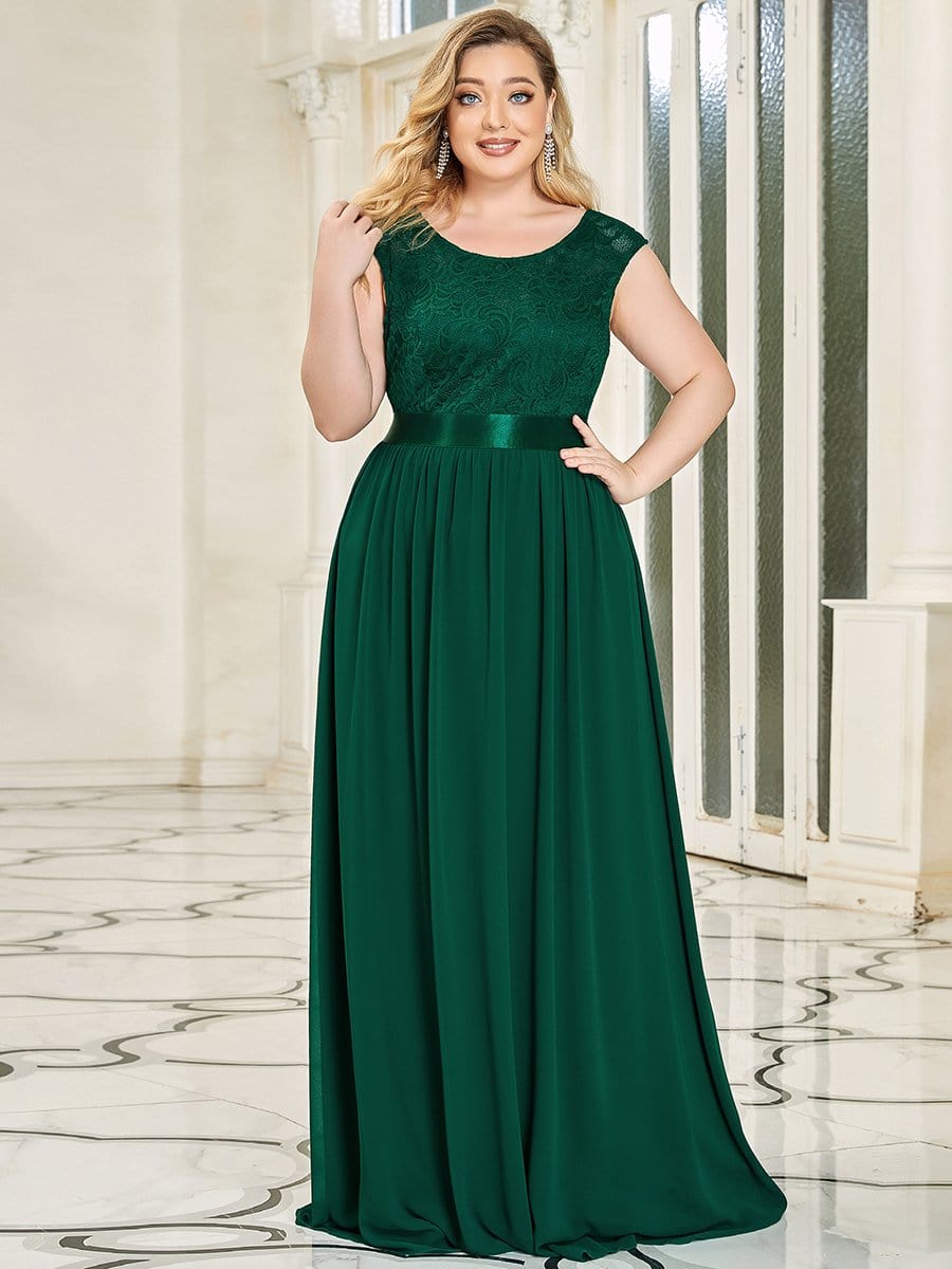 Plus Size Classic Round Neck V Back A-Line Chiffon Bridesmaid Dresses with Lace #color_Dark Green 