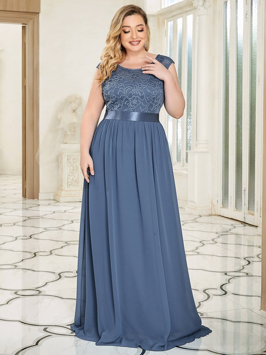 Plus Size Classic Round Neck V Back A-Line Chiffon Bridesmaid Dresses with Lace #color_Dusty Blue 