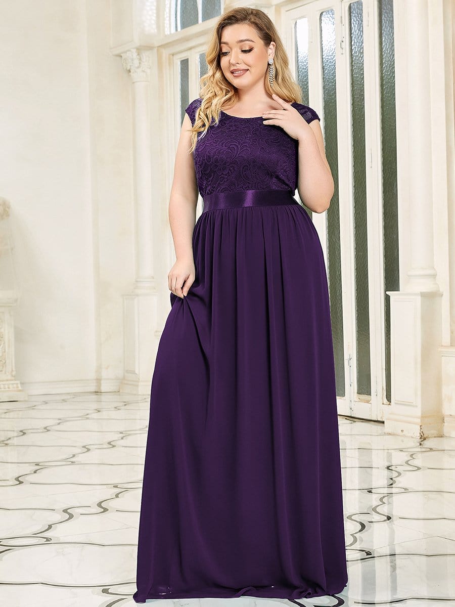 Plus Size Classic Round Neck V Back A-Line Chiffon Bridesmaid Dresses with Lace #color_Dark Purple 