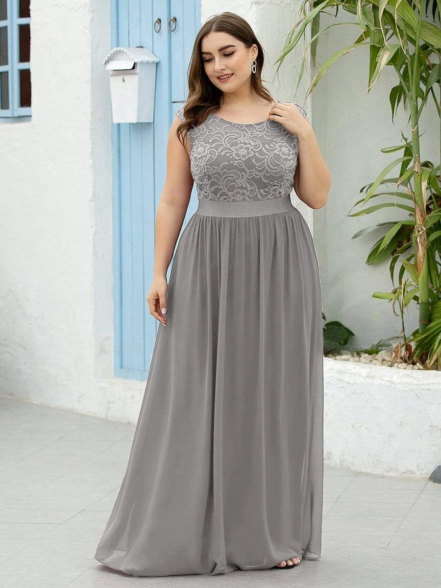 Plus Size Classic Round Neck V Back A-Line Chiffon Bridesmaid Dresses with Lace #color_Grey 