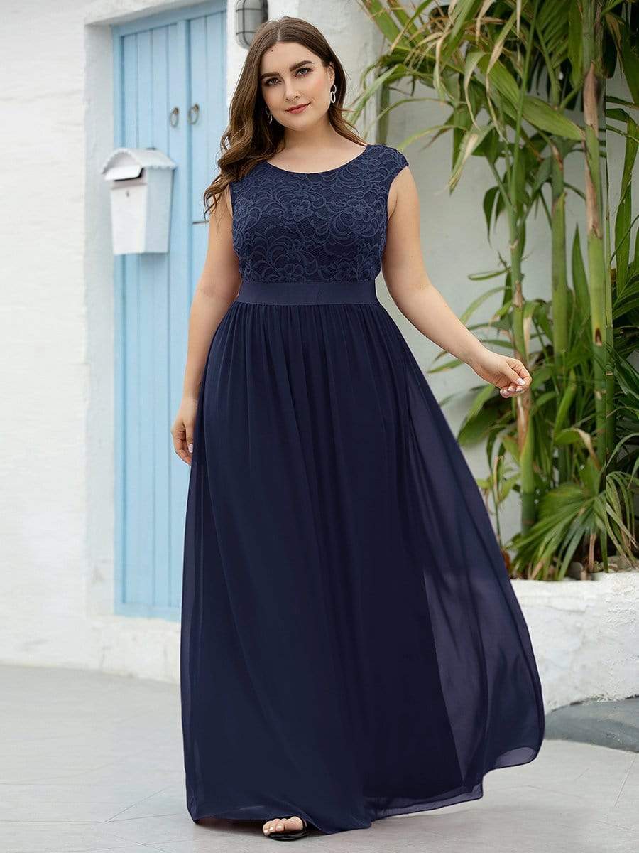 Plus Size Classic Round Neck V Back A-Line Chiffon Bridesmaid Dresses with Lace #color_Navy Blue 