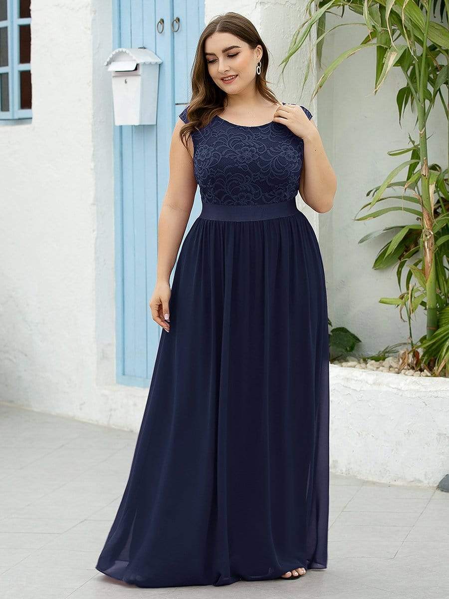 Plus Size Classic Round Neck V Back A-Line Chiffon Bridesmaid Dresses with Lace #color_Navy Blue 