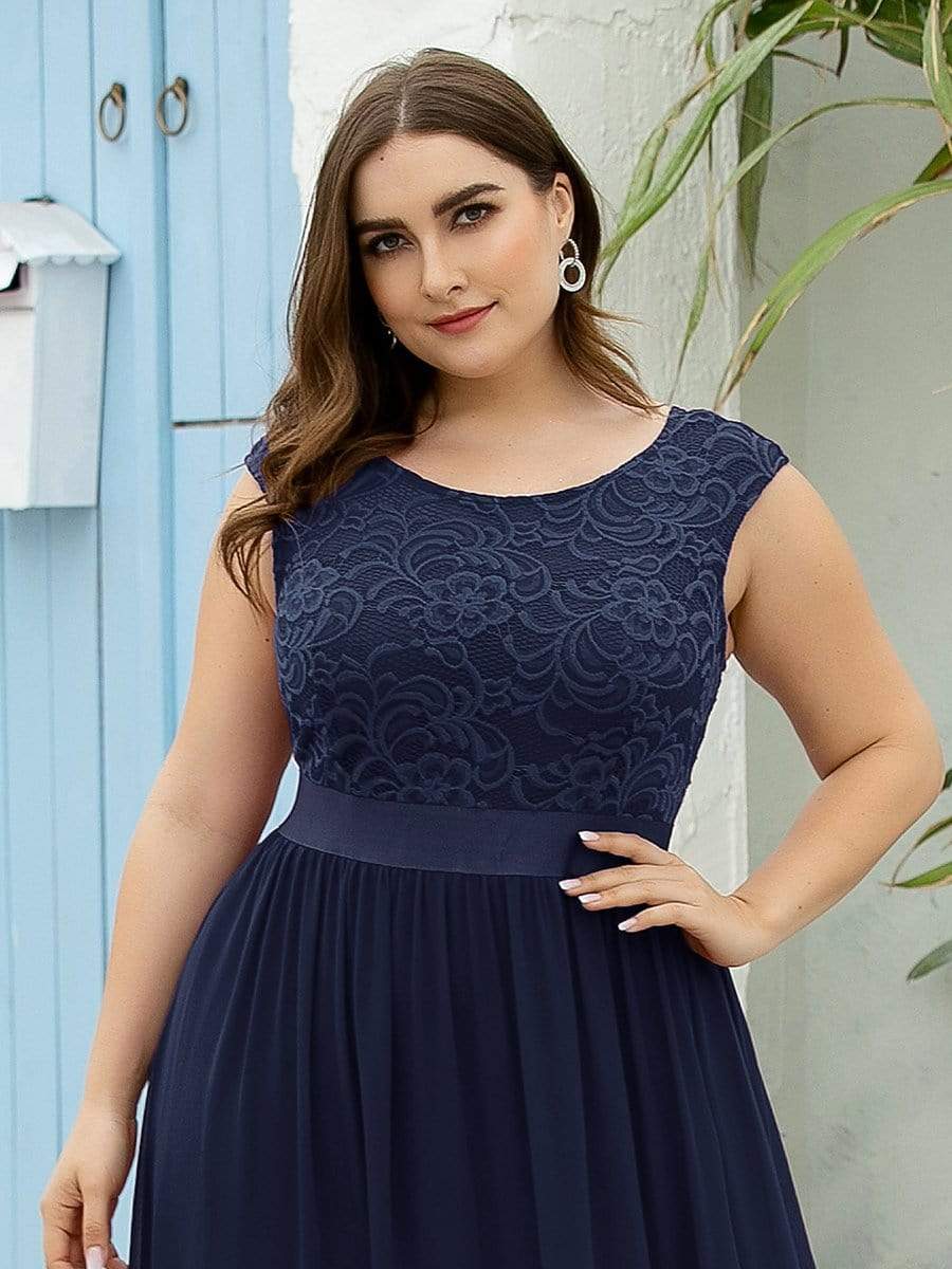 Plus Size Classic Round Neck V Back A-Line Chiffon Bridesmaid Dresses with Lace #color_Navy Blue 