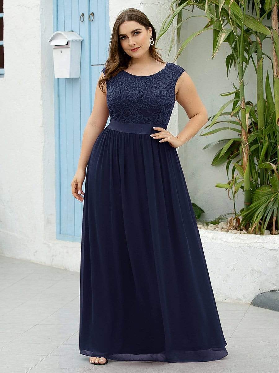 Plus Size Classic Round Neck V Back A-Line Chiffon Bridesmaid Dresses with Lace #color_Navy Blue 