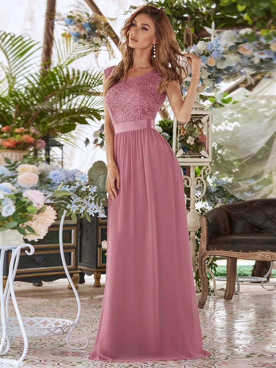 Classic Round Neck V Back Lace Bodice Bridesmaid Dress #color_Purple Orchid 