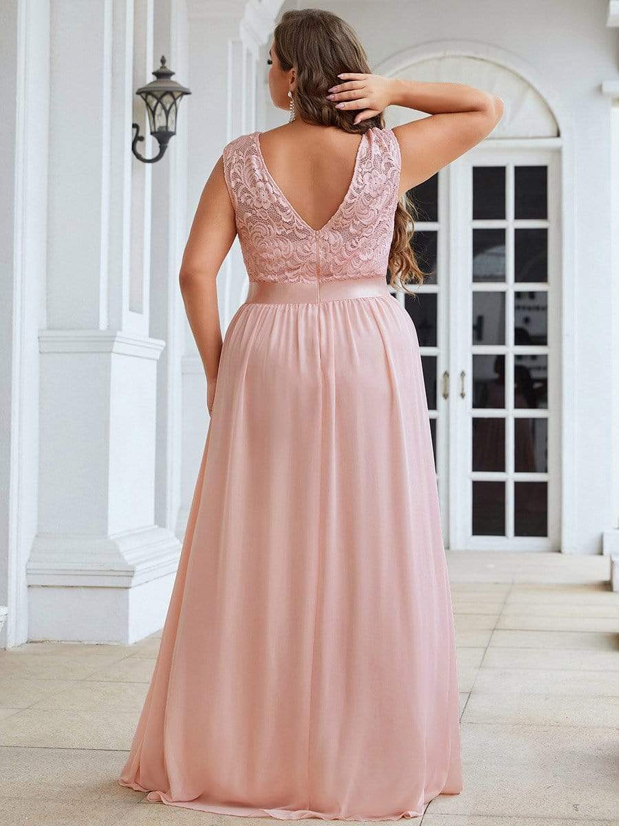 Plus Size Classic Round Neck V Back A-Line Chiffon Bridesmaid Dresses with Lace #color_Pink 