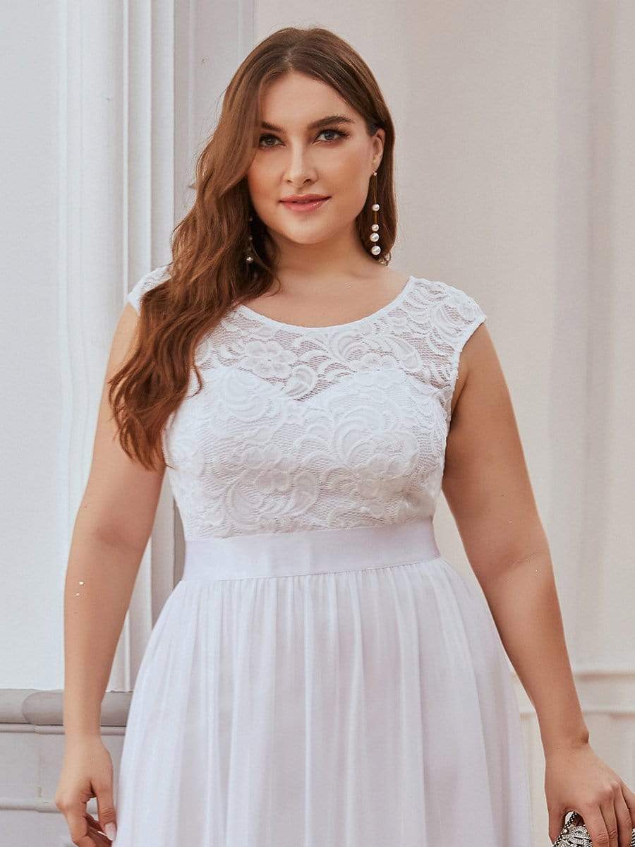 Plus Size Classic Round Neck V Back A-Line Chiffon Bridesmaid Dresses with Lace #color_White 