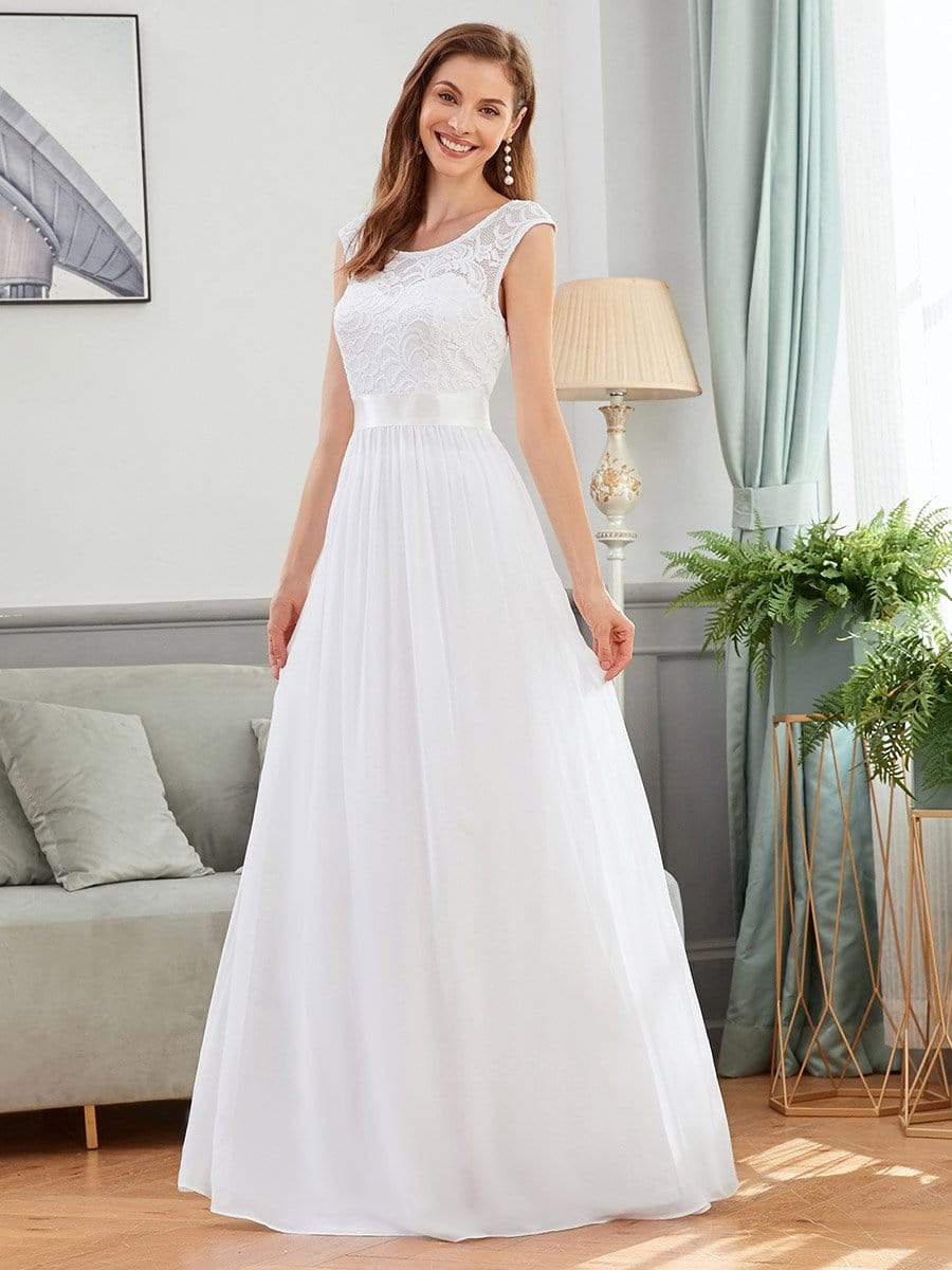 Classic Round Neck V Back Lace Bodice Bridesmaid Dress #color_White 