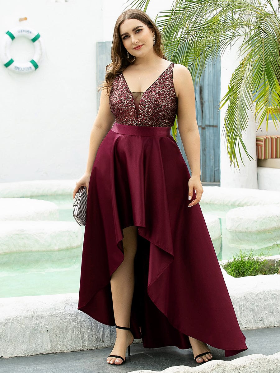 Custom Size Sparkly Bodice High Low Prom Dresses for Women #color_Burgundy