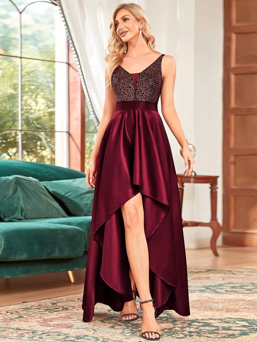 Sparkly Bodice High Low Prom Dresses for Women #color_Burgundy 