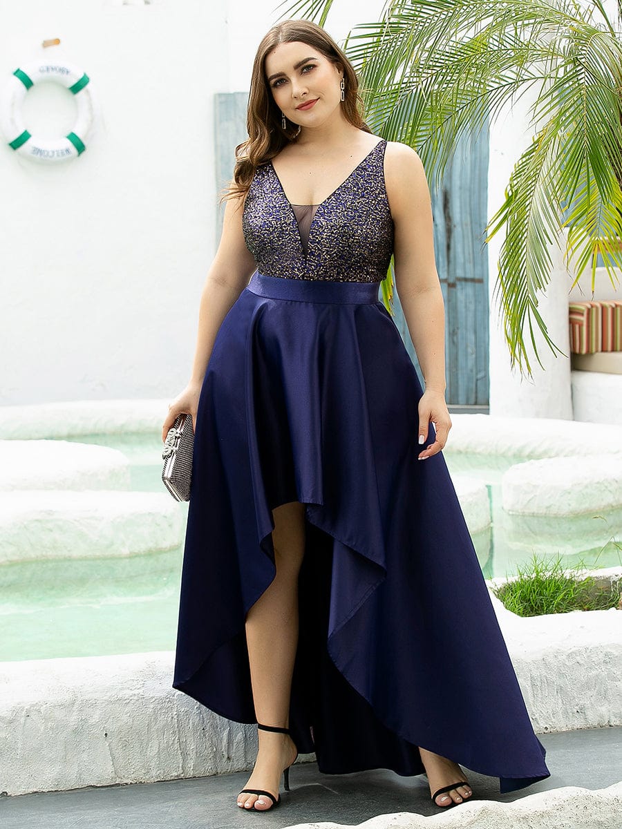 Custom Size Sparkly Bodice High Low Prom Dresses for Women #color_Navy Blue