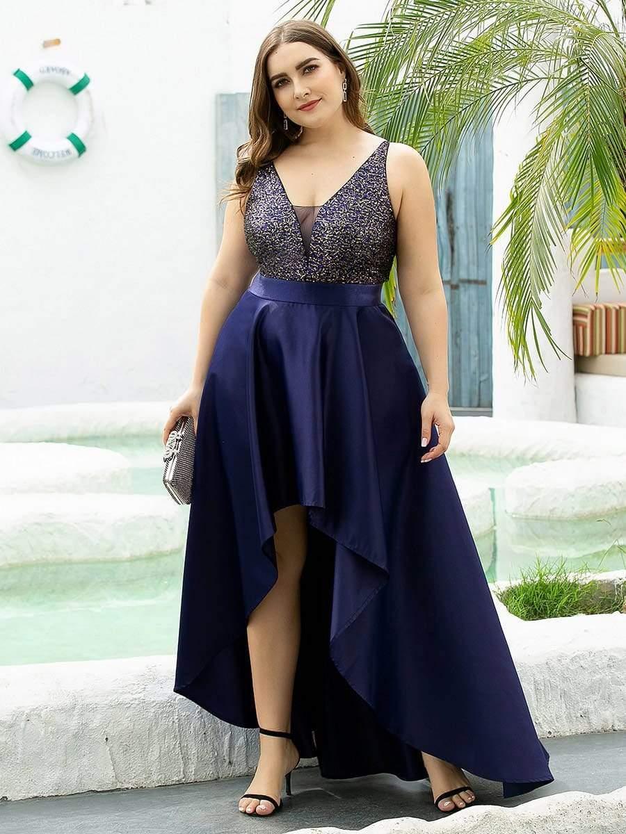 Asymmetrical Plus Size Sequin V neck Evening Dresses Ever Pretty US