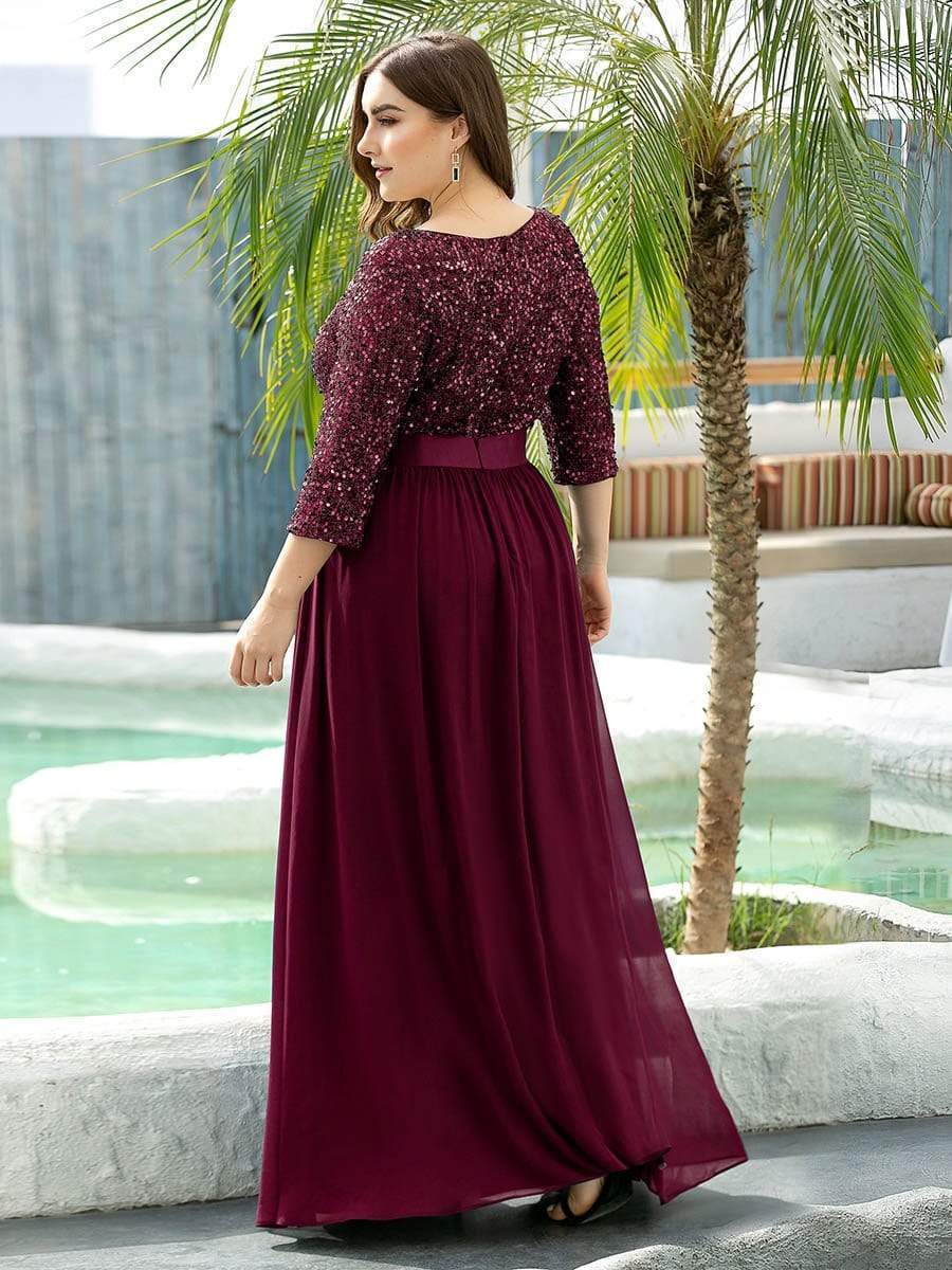 Women's Long Tulle & Sequin Evening Dresses for Mother of the Bride #color_Burgundy 