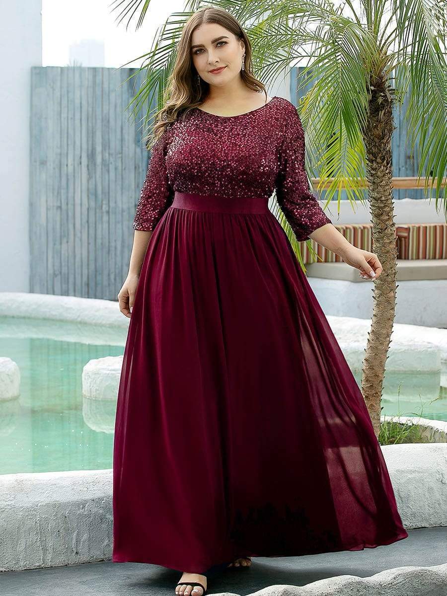 Custom Size Women's Long Tulle & Sequin Evening Dresses for Mother of the Bride #color_Burgundy 