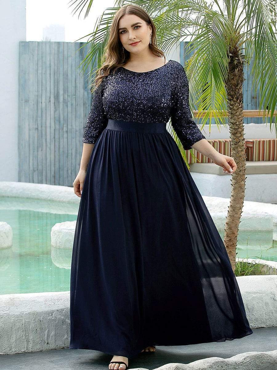 Custom Size Women's Long Tulle & Sequin Evening Dresses for Mother of the Bride #color_Navy Blue 