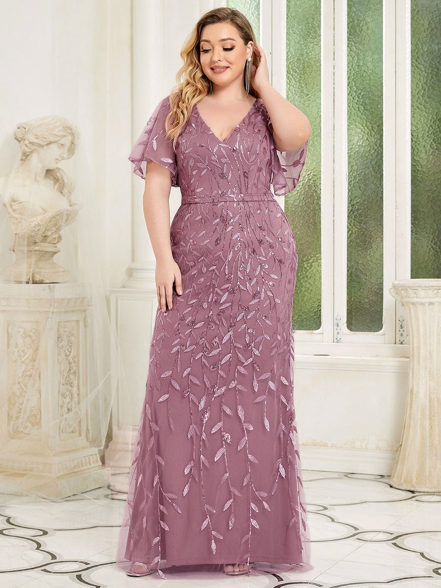 Custom Size Sparkly Embroidery Sequin V Neck Mermaid Evening Dress #color_Purple Orchid