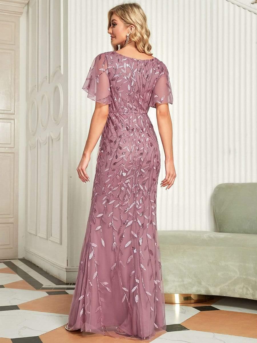 Shiny V Neck Leaf-Sequined Bodycon Formal Evening Dresses #color_Purple Orchid