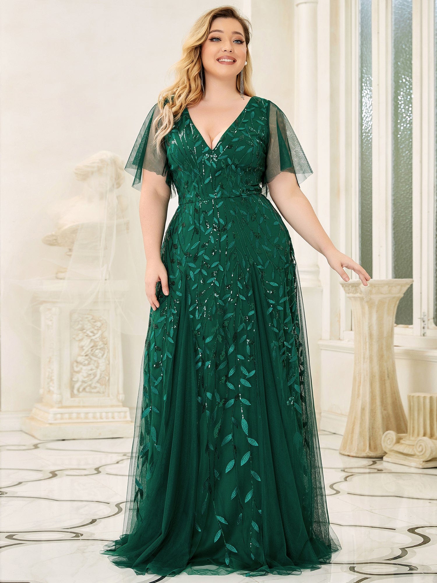 Custom Size V Neck Ruffle Sleeves Sequin Maxi Evening Dress #color_Dark Green