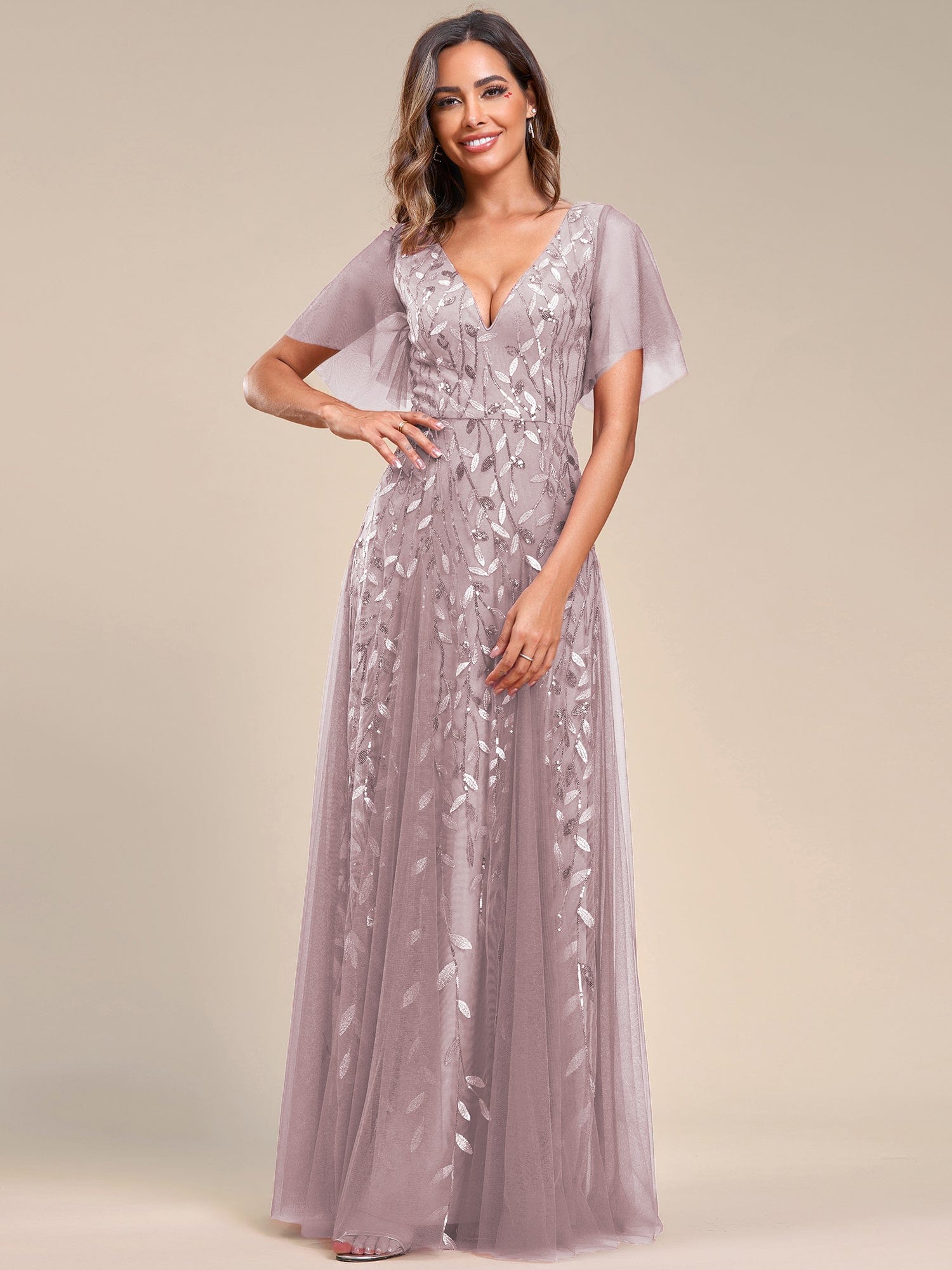 Custom Size V Neck Ruffle Sleeves Sequin Maxi Evening Dress #color_Lilac