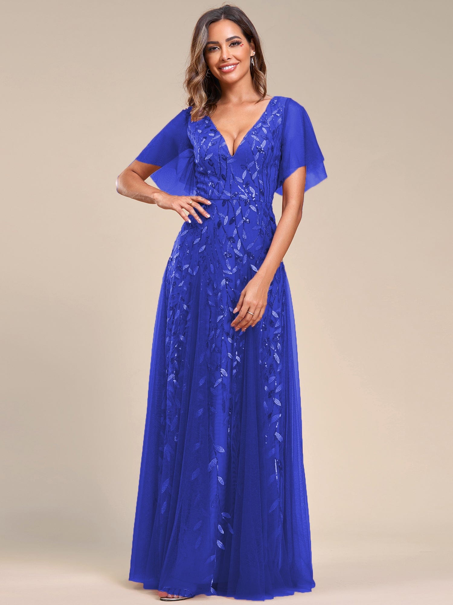 Custom Size V Neck Ruffle Sleeves Sequin Maxi Evening Dress #color_Sapphire Blue