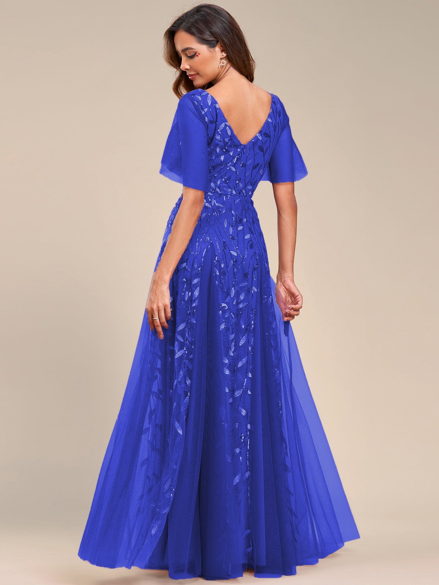 Custom Size V Neck Ruffle Sleeves Sequin Maxi Evening Dress #color_Sapphire Blue