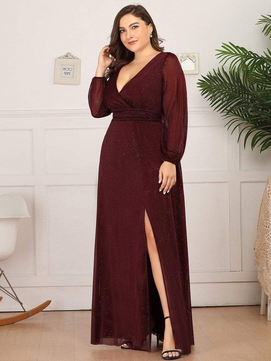 Custom Size Long Sleeve Side Split V-Neck Glittery Evening Dress #color_Burgundy 