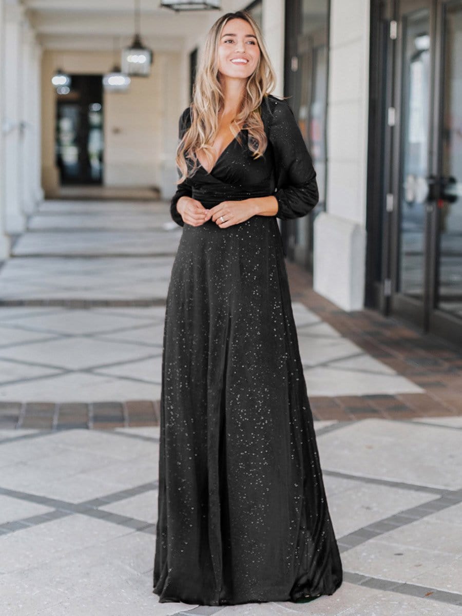 Women's Sexy Long Sleeve V-Neck Shiny Evening Dress #color_Black 