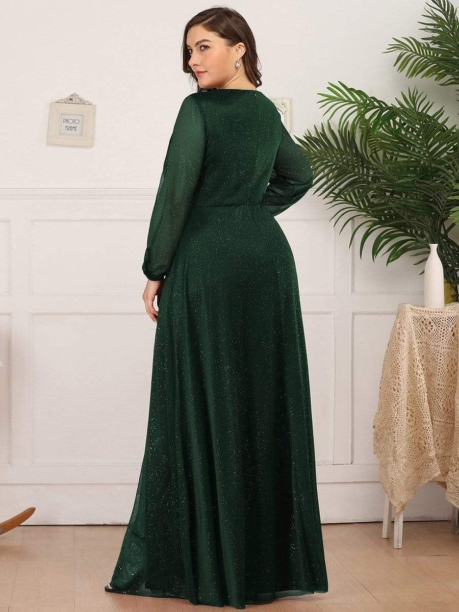 Custom Size Long Sleeve Side Split V-Neck Glittery Evening Dress #color_Dark Green 