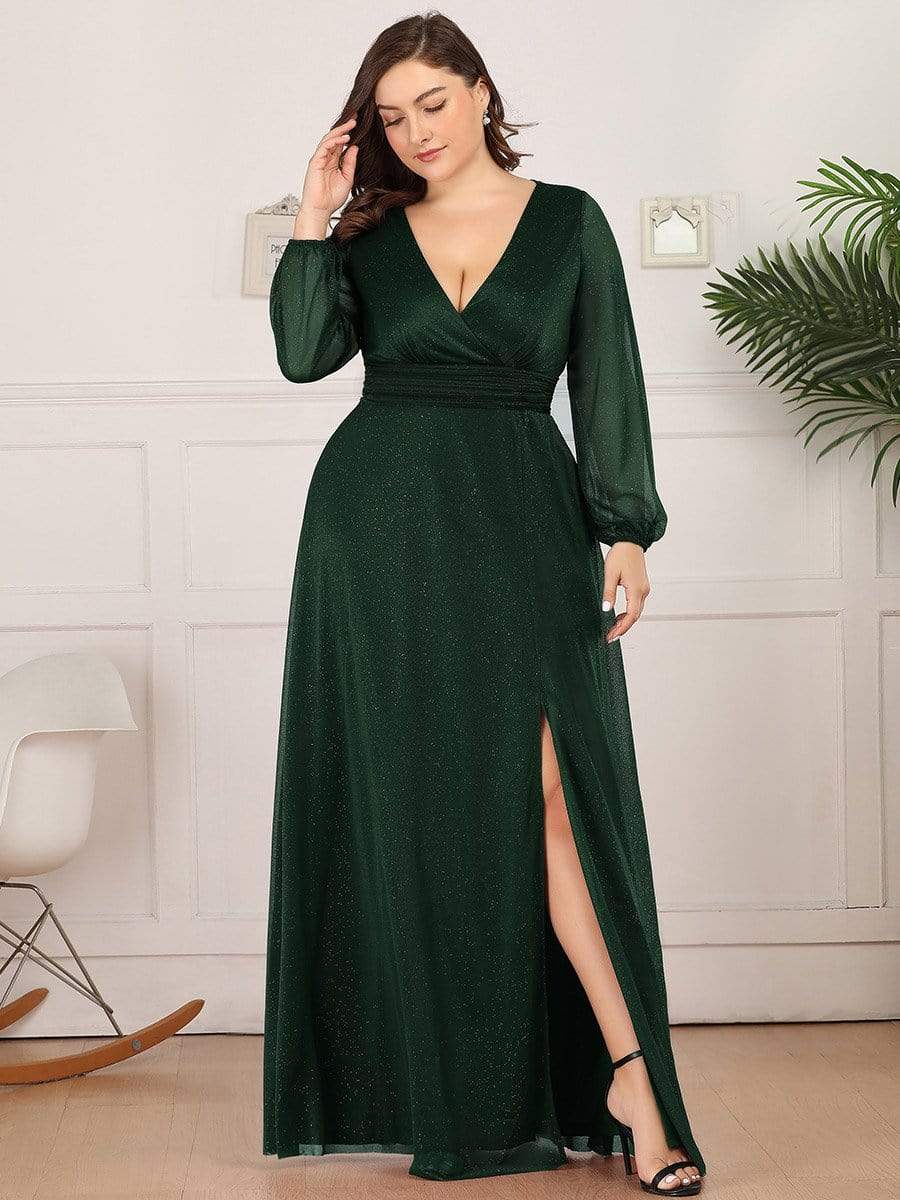 Plus Size V-Neck Shiny Puff Sleeve Evening Dress for Women #color_Dark Green 