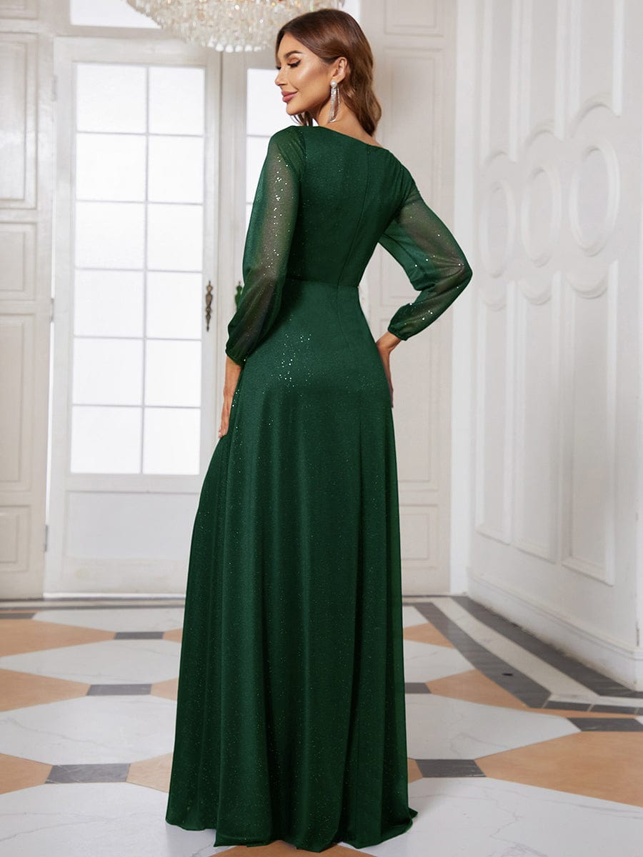 Women's Sexy Long Sleeve V-Neck Shiny Evening Dress #color_Dark Green
