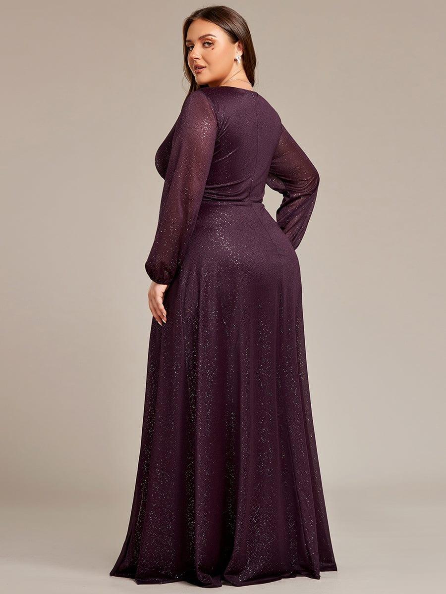 Custom Size Long Sleeve Side Split V-Neck Glittery Evening Dress #color_Dark Purple