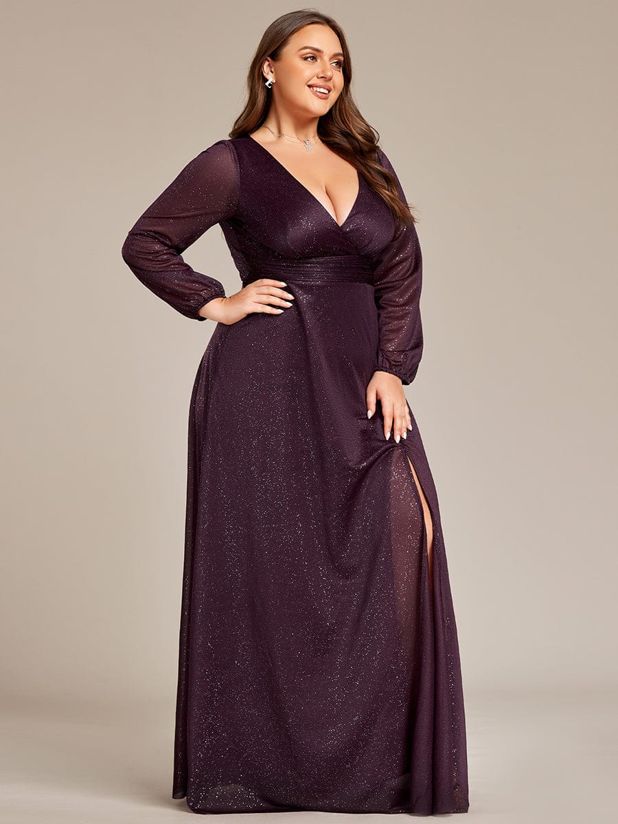 Plus Size V-Neck Shiny Puff Sleeve Evening Dress for Women #color_Dark Purple