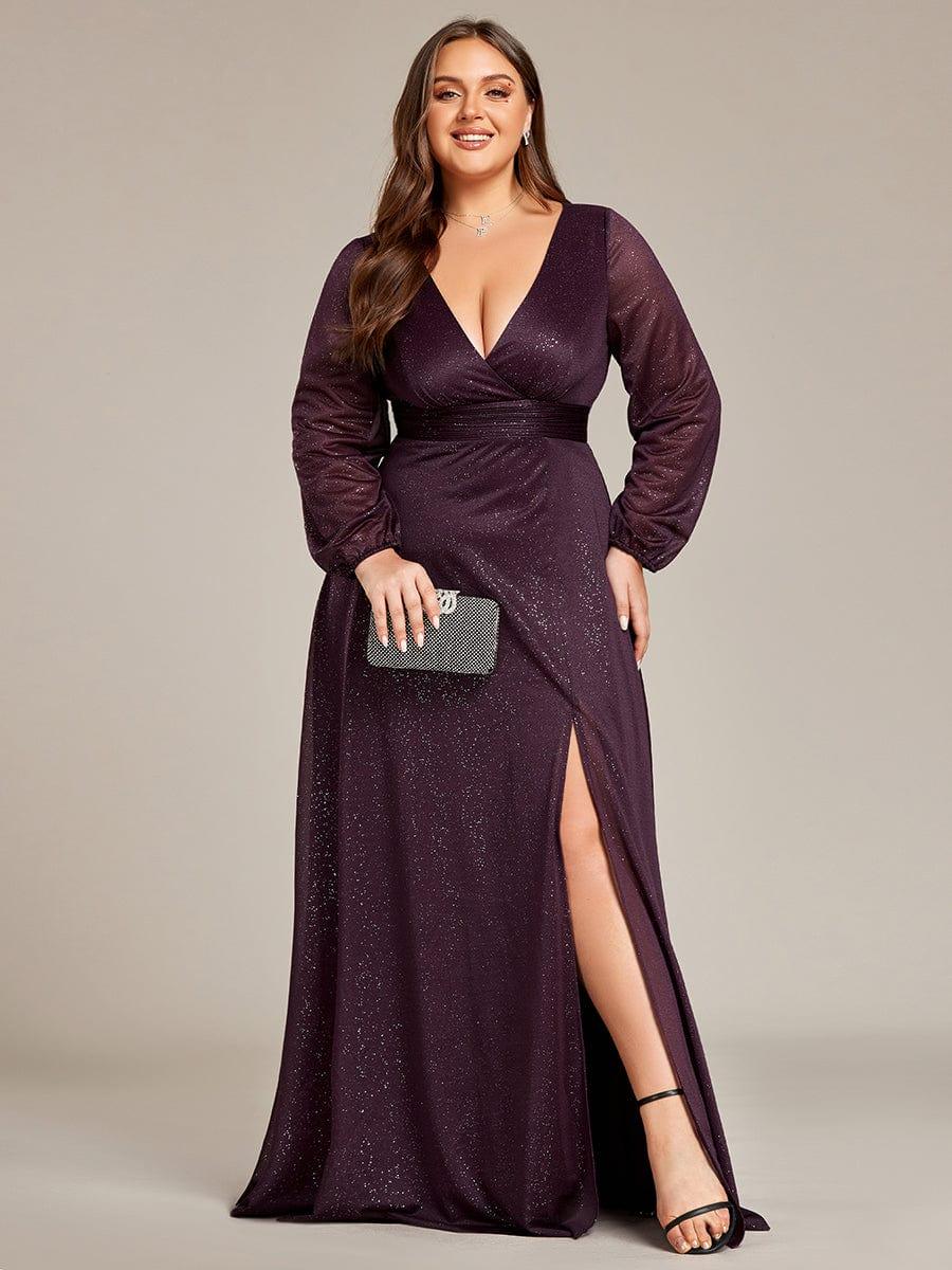 Custom Size Long Sleeve Side Split V-Neck Glittery Evening Dress #color_Dark Purple