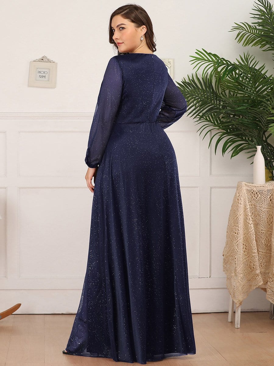 Women's Sexy Long Sleeve V-Neck Shiny Evening Dress #color_Navy Blue 